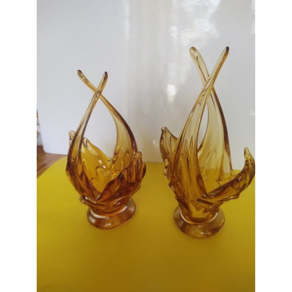 Vintage Chalet Canada Art Glass Vases Amber/Orange set of 2 1960's 11" - Picture 3 of 16